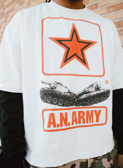 A.N. Army double layered long-sleeve graphic close-up, star and tanks print
